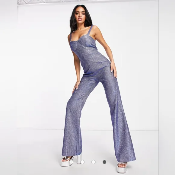 NWOT ASOS Blue Metallic Cupped Flare Jumpsuit Size 10 - Picture 1 of 11